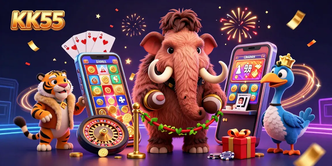 Engage with KK55’s thrilling casino experience featuring a vibrant 3D illustration of characters and games.