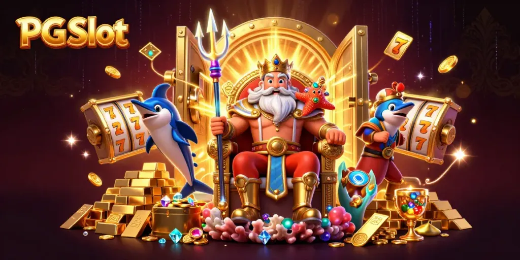 Spin invigorating PG Slot games with Neptune and treasures in a vibrant 3D casino scene.
