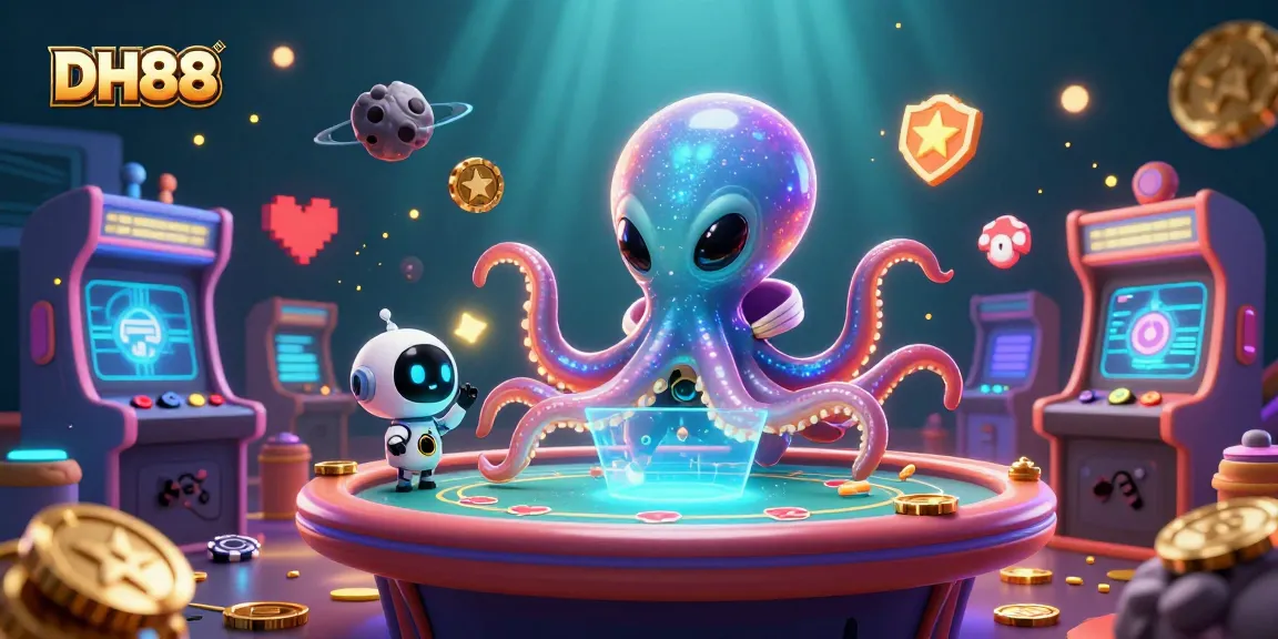 Engage with exciting poker games at DH88 while an alien octopus spins poker cards around a vibrant casino.