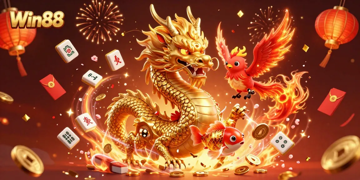 Win88 captures the excitement of gaming with glowing dragons, vibrant colors, and dynamic casino elements.