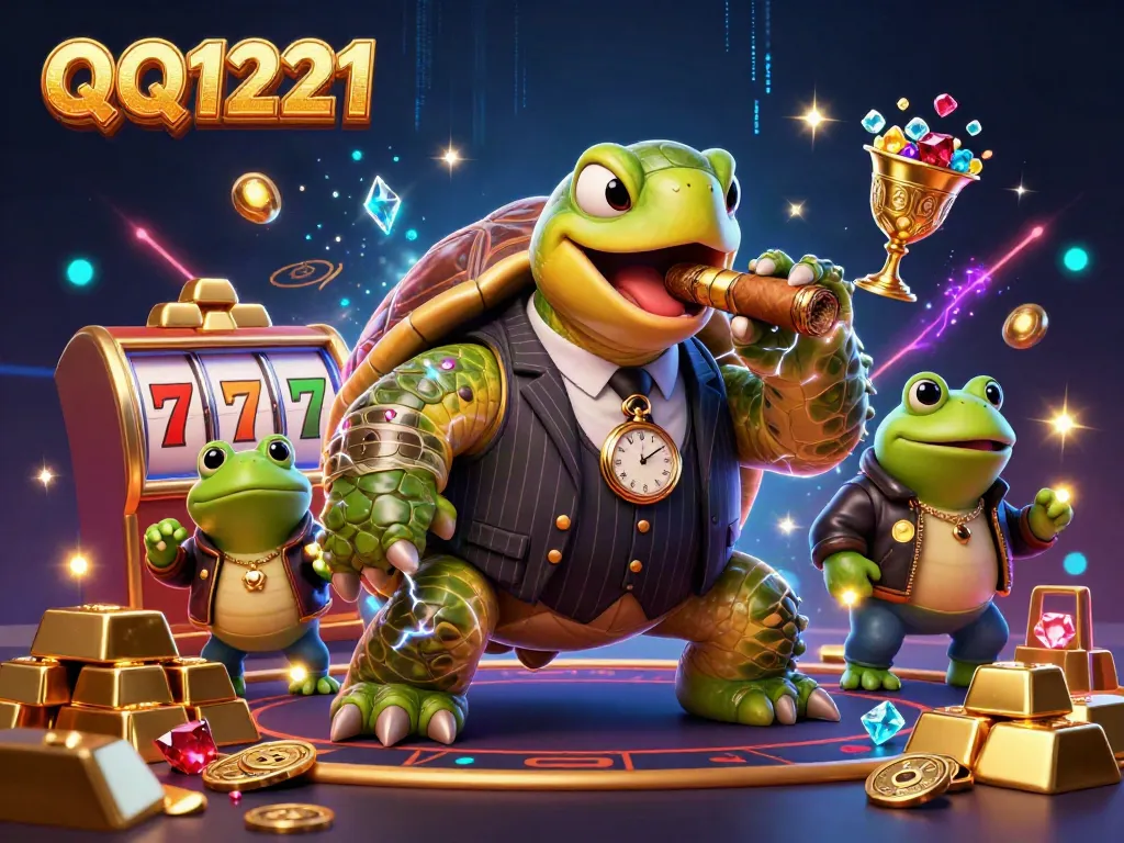 Engage with QQ1221's thrilling casino scene featuring lively cartoon characters and dynamic slot elements.