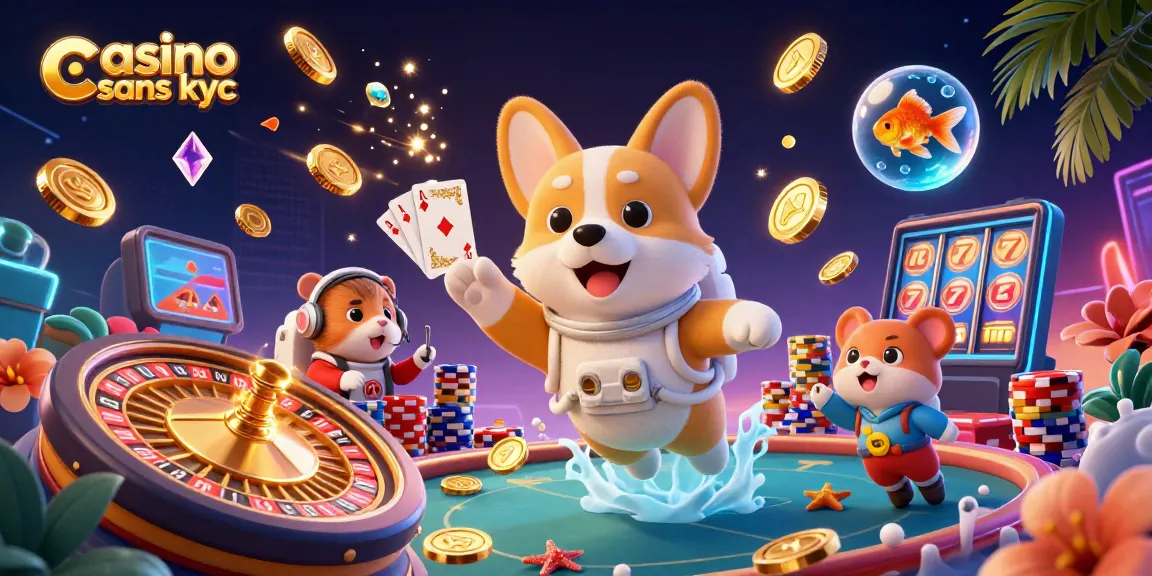 Action de jouer dans un casino sans KYC avec un corgi astronaute et des jetons flottants.