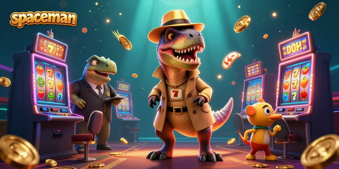 Join the spaceman velociraptor at the slot machine for exciting wins in this vibrant casino scene.