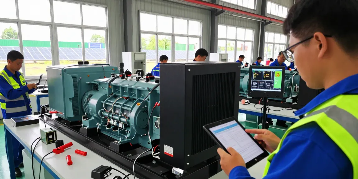 Huaquan Power technicians assembling advanced generator sets in a bright industrial facility.