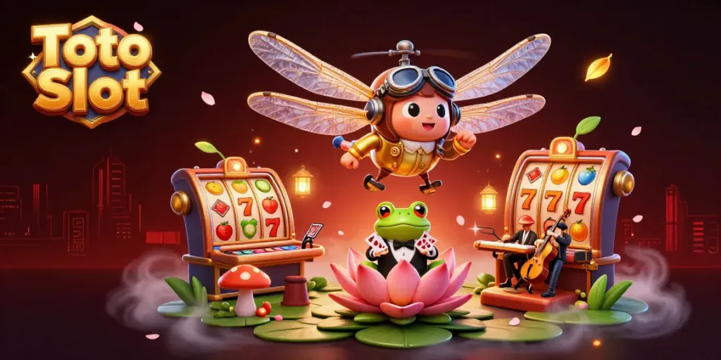 Memenangkan permainan Toto Slot dengan keceriaan di kasino, ilustrasi 3D yang hidup.