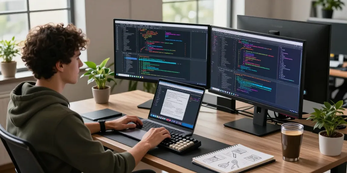 Developer coding in Chinese language on Telegram interface at modern workspace, showcasing tech ambiance and productivity.