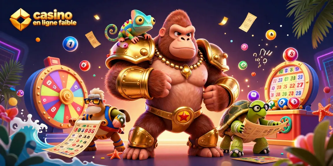 Joue dans un casino en ligne fiable avec des personnages colorés entourés de jeux de loterie et de gains étincelants.