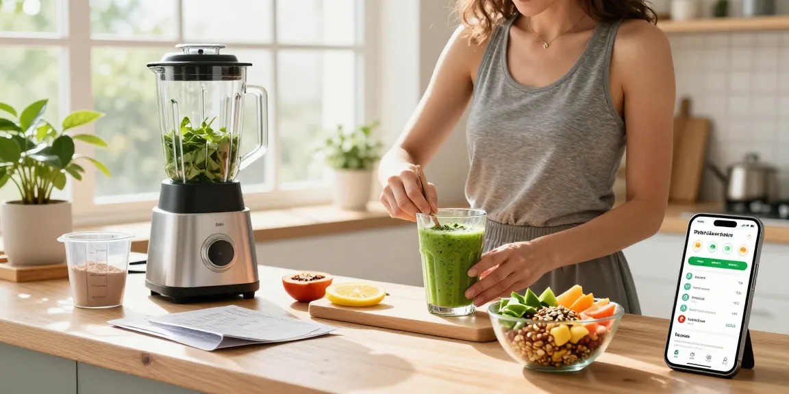 The best nutrition app showcased on a smartphone in a vibrant kitchen, featuring healthy cooking elements.
