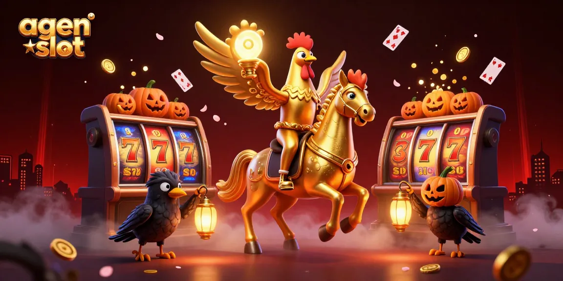 Engage in thrilling gameplay with agen slot as golden rooster rides through a midnight casino scene.