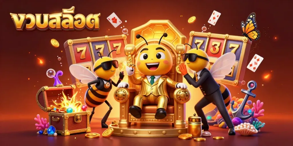 This illustration of รวมสล็อต showcases a bumblebee mob boss among slot reels and treasures, perfect for gambling enthusiasts.