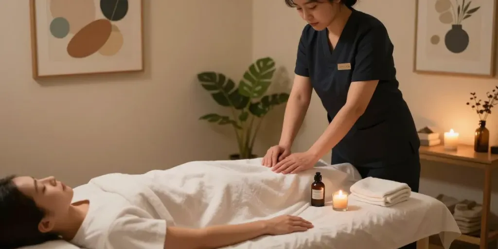 Experience the soothing ambiance of 서울출장마사지 with a professional therapist preparing for a relaxing session.