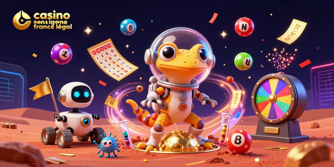 Découvrez le casino en ligne légal en France avec une illustration dynamique de jeux et d'éléments festifs.