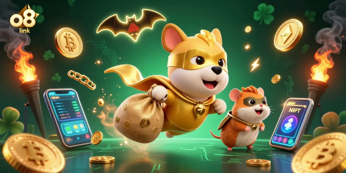 Experience the thrill of the O8 link with this vibrant gaming illustration featuring a superhero and colorful coins.