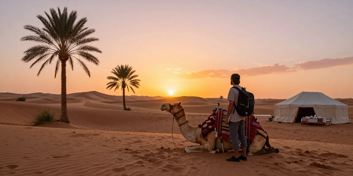 Traveler enjoying a desert sunset near a camel slot amidst an oasis.