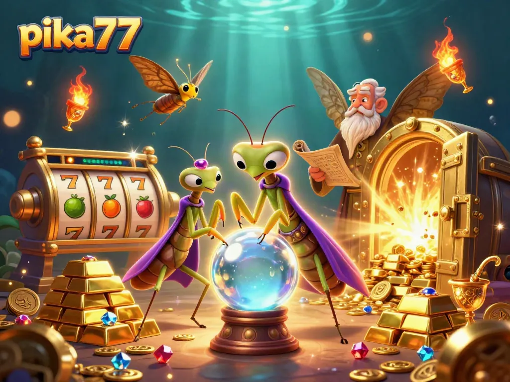 Experience thrilling jackpots at pika77 with vibrant slot reels, treasure, and mystical characters.
