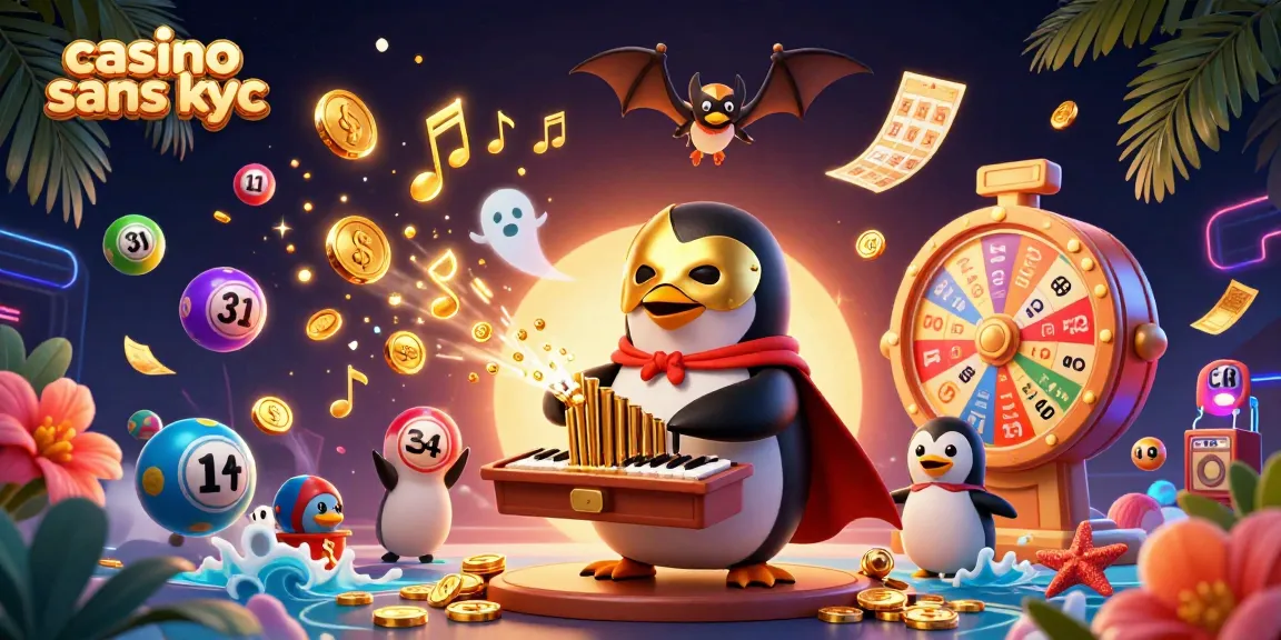 Jouez au casino sans KYC avec le pingouin au masque d'or et des éléments de loterie colorés.