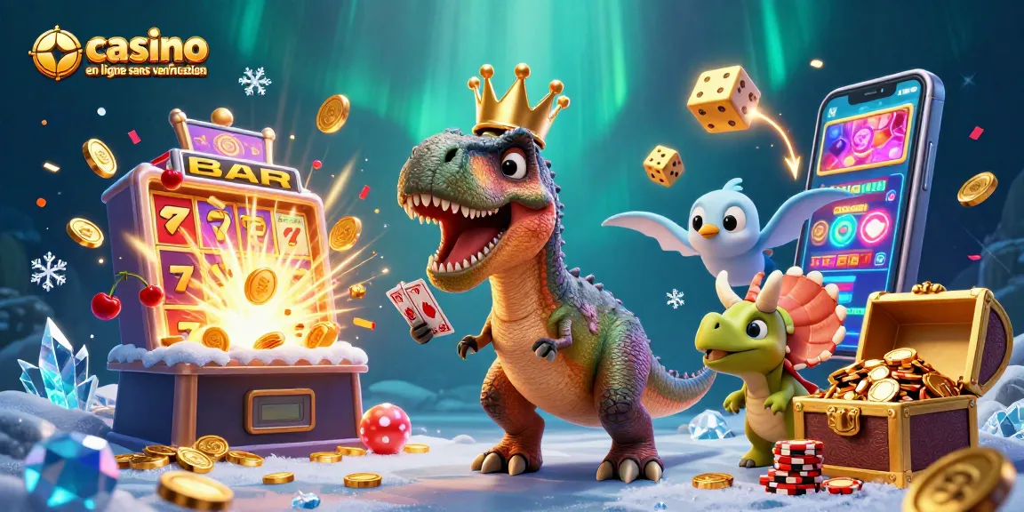 Exploration de jeux dans un casino en ligne sans vérification avec un T-Rex qui mélange des cartes.