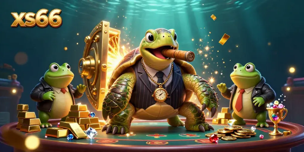 Experience the vibrant energy of xs66 with a dynamic casino scene featuring a turtle mobster and bullfrog enforcers.