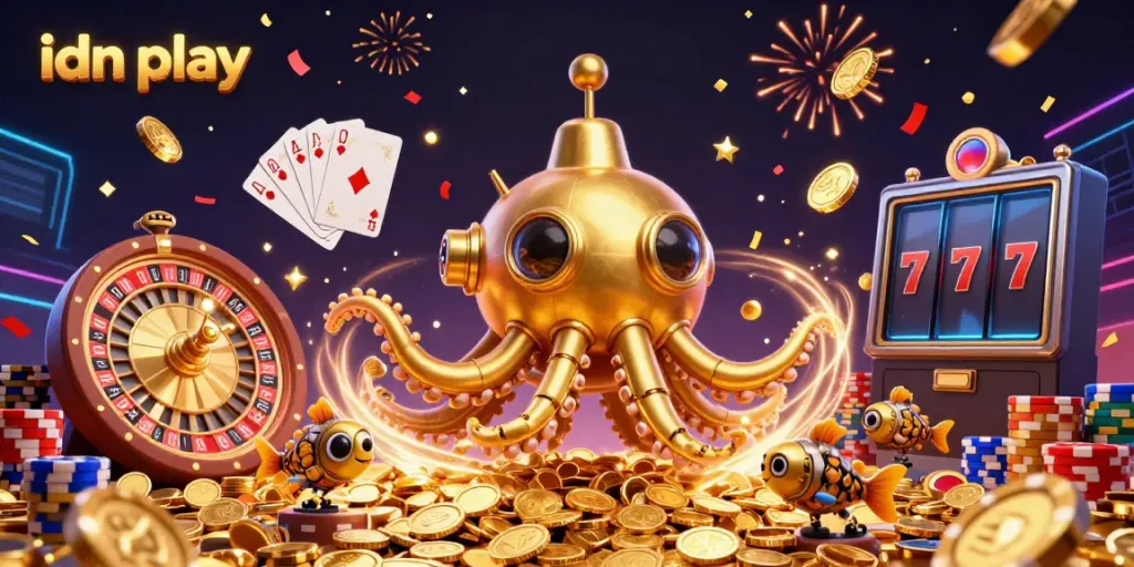 Experience idn play thrills with a lively 3D scene filled with gold coins, cards, and roulette wheels.