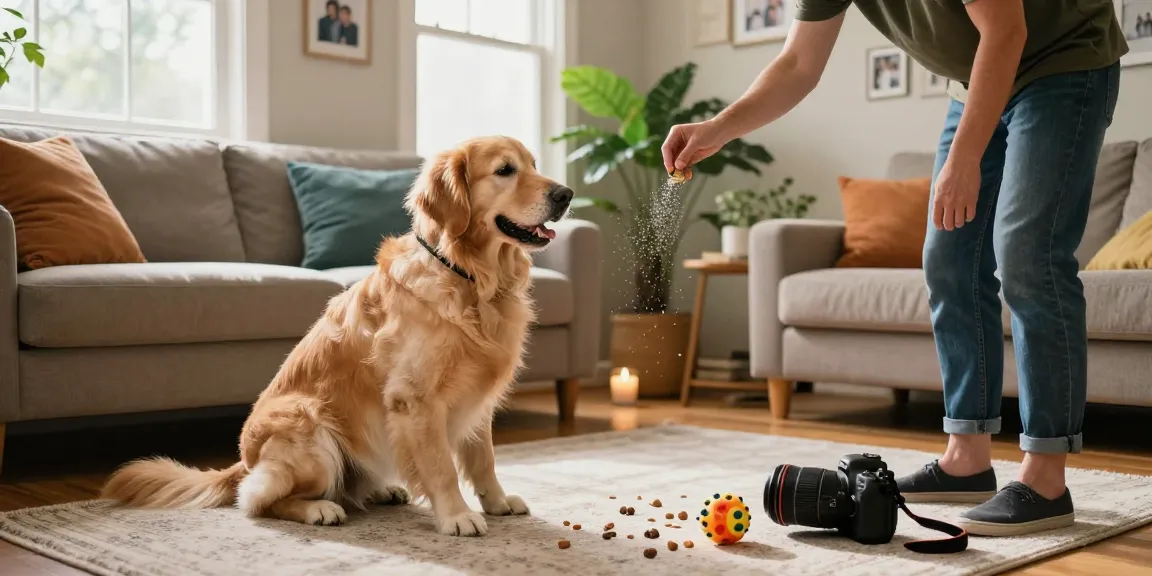 Engaging training moment with a Golden Retriever and owner focusing on rokok 88 pet care tips in a cozy living room.