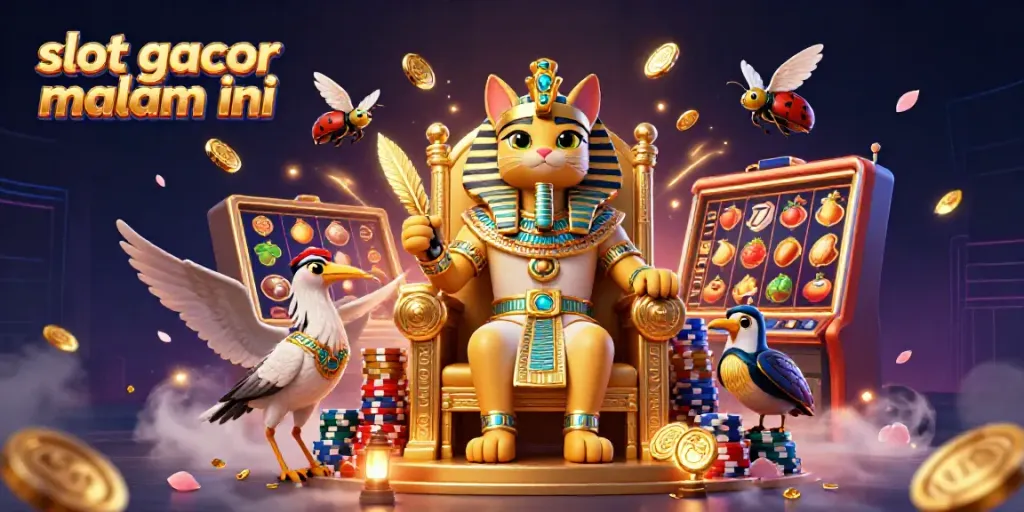 Win big with slot gacor malam ini, featuring a pharaoh cat and vibrant gaming elements.