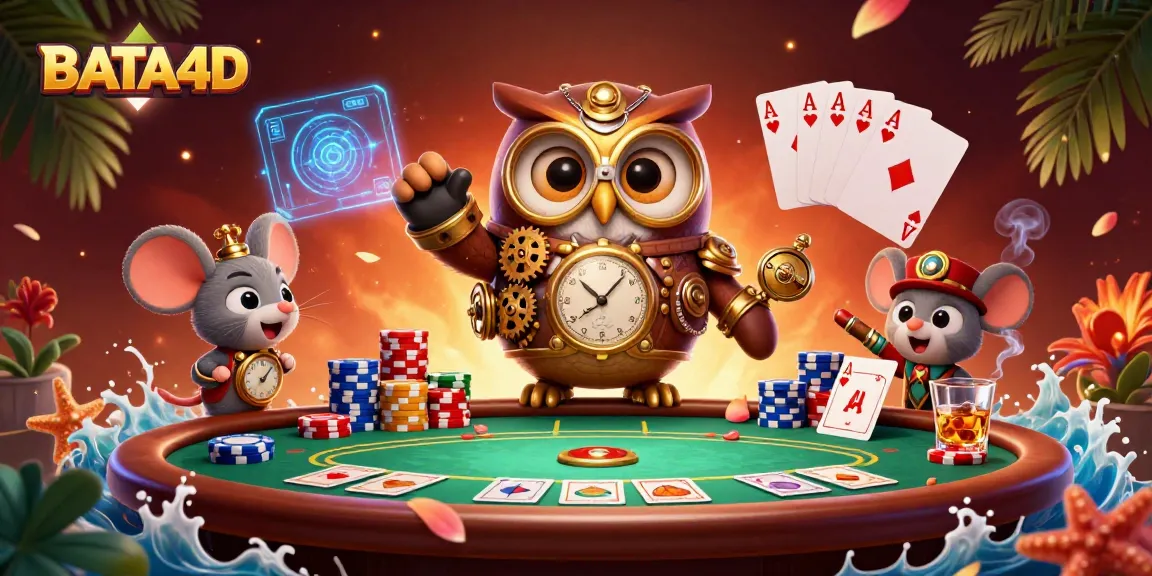 BATA4D demonstrates thrilling gaming with a 3D cartoon owl and dramatic poker setup in a vibrant casino scene.