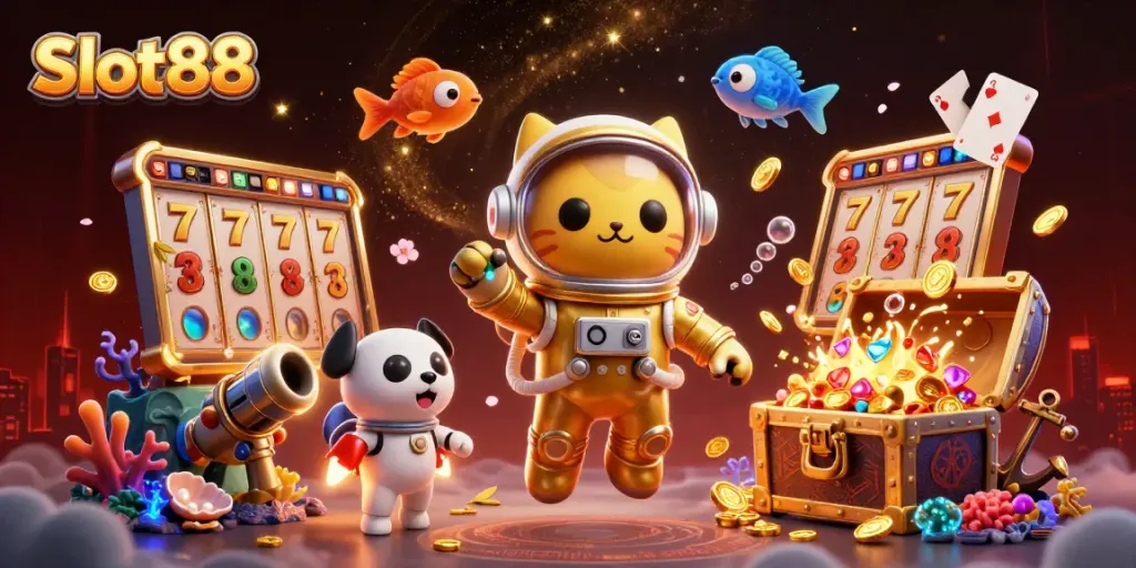 Spin to win at Slot88: 3D illustration of an astronaut cat and robot in a cosmic casino adventure.