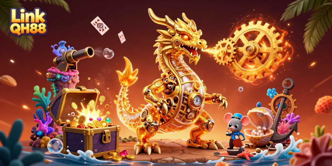 Engage in the thrilling world of Link QH88 with explosive action and vibrant game elements in a dynamic illustration.