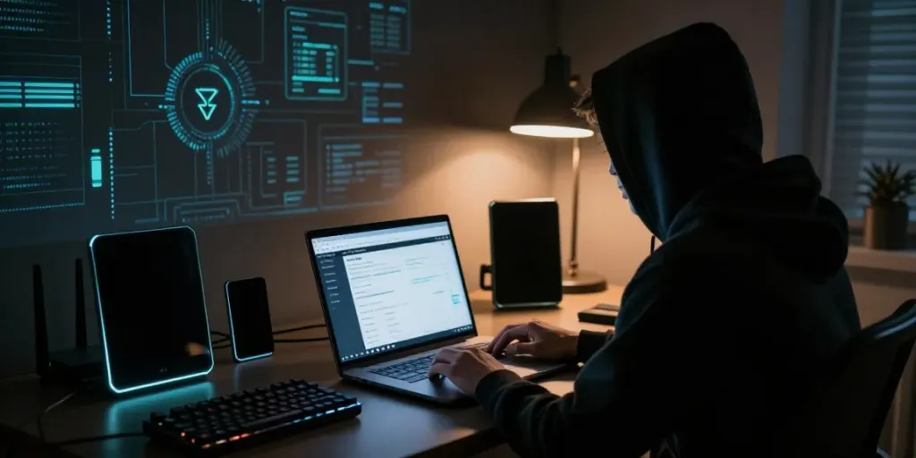 Exploring the hidden wiki on dark web with a tech-savvy user surrounded by gadgets, creating a mysterious atmosphere.