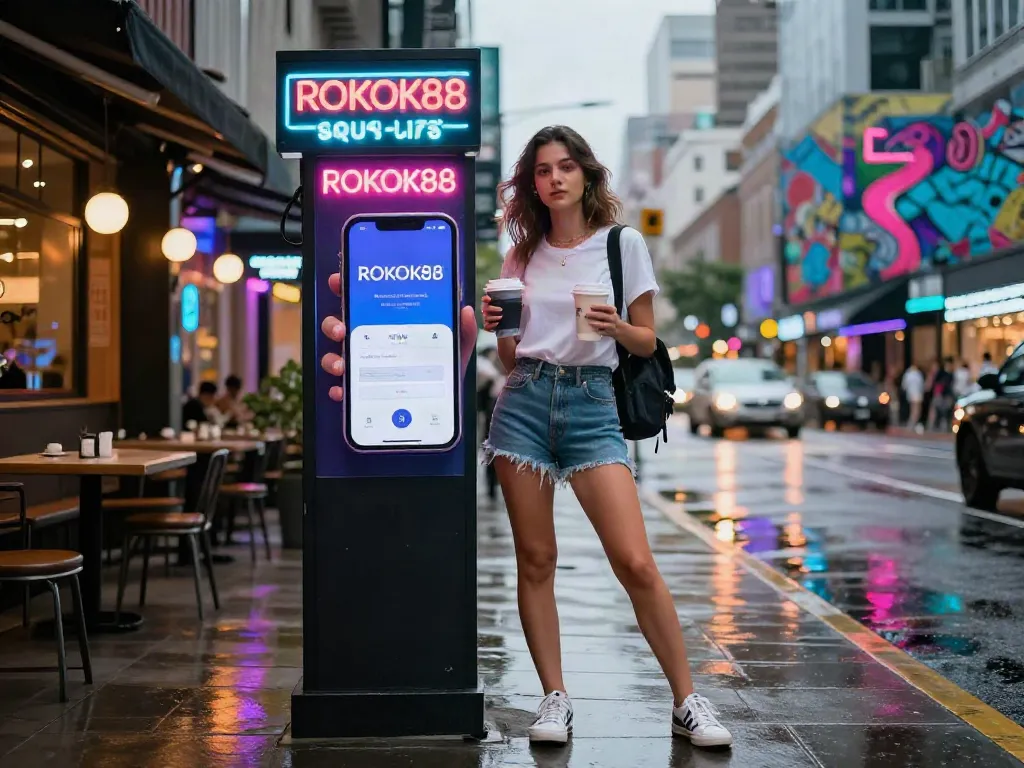 Young woman engaging with ROKOK88 login screen in vibrant urban setting