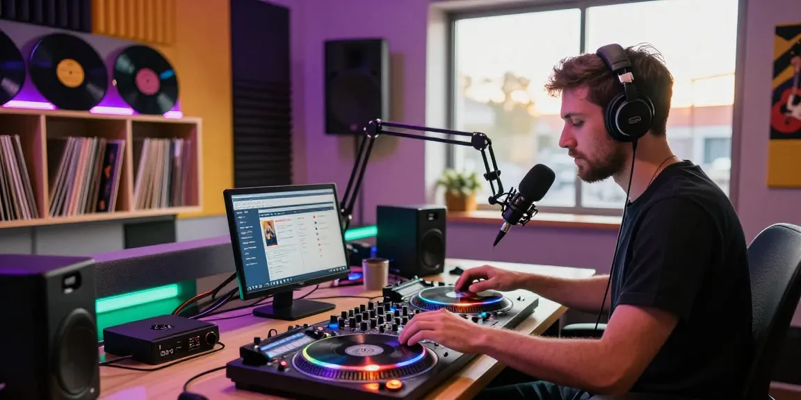 Dynamic radio station order setup with DJ mixing tracks in a colorful studio