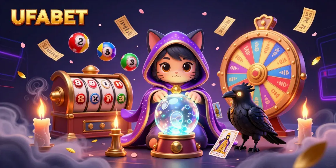Experience the excitement of UFABET with a mystical cat and raven surrounded by vibrant casino elements.