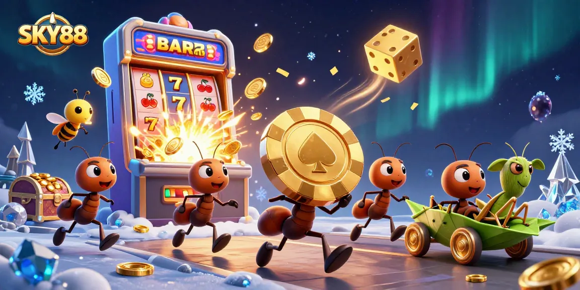 Run a heist with SKY88's cartoon ants amidst vibrant casino elements and jackpots.